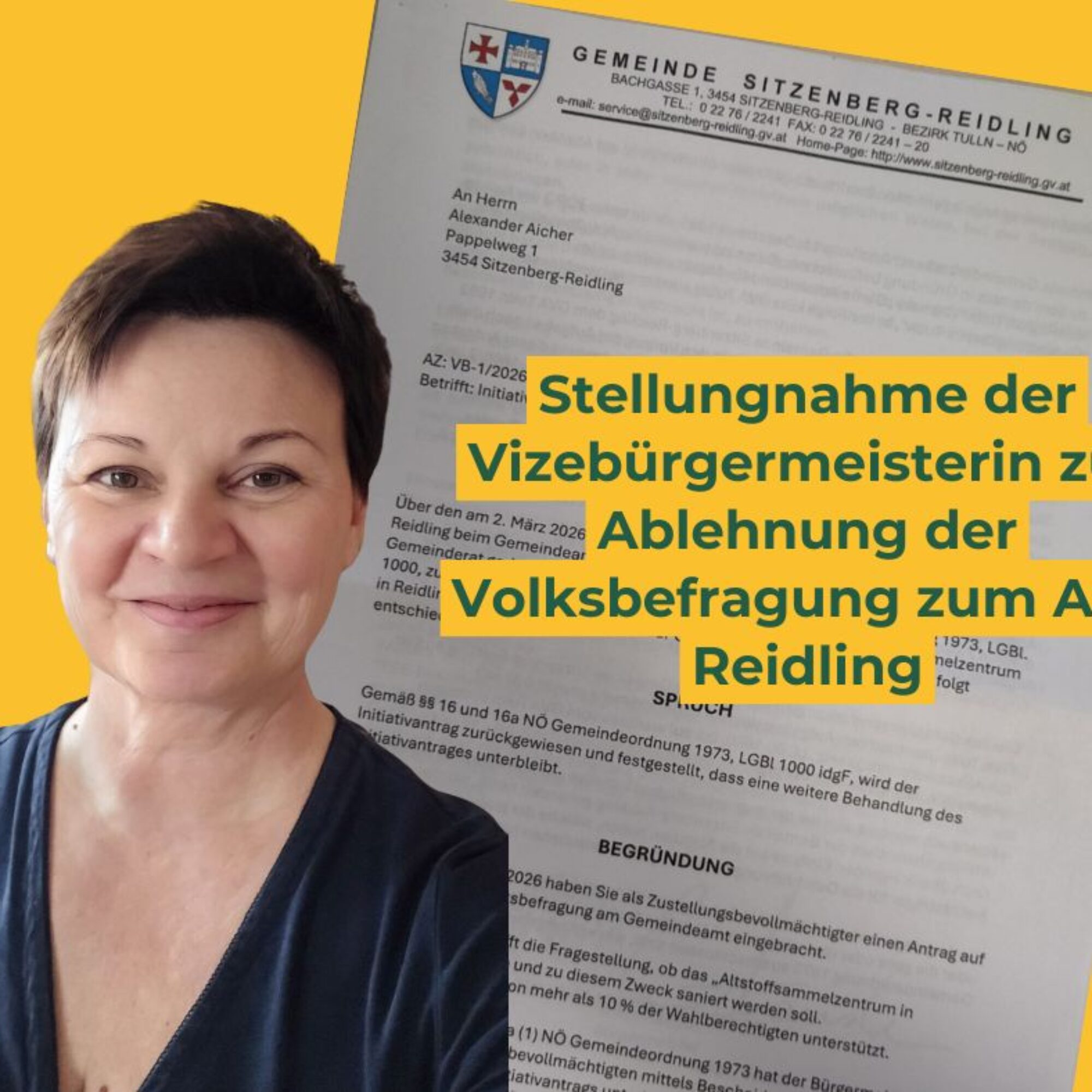Stellungnahme der Vizebürgermeisterin zur Ablehnung der Volksbefragung zum ASZ Reidling